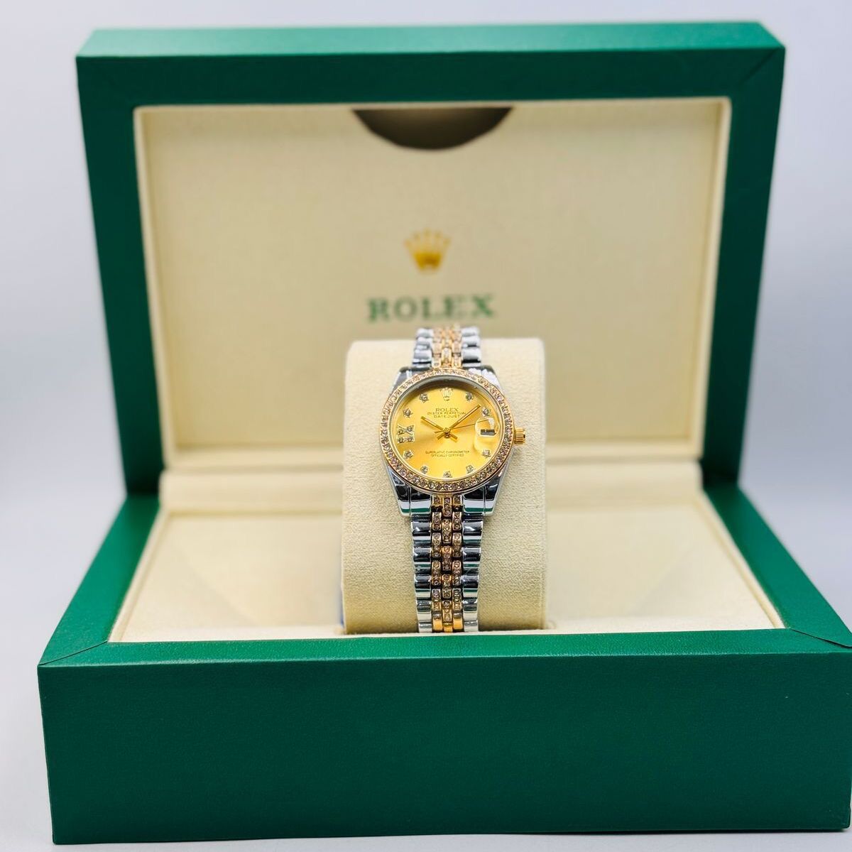 ساعة رولكس ديت جست نسائية فاخرة ثنائية اللون بمينا شامباني مرصع