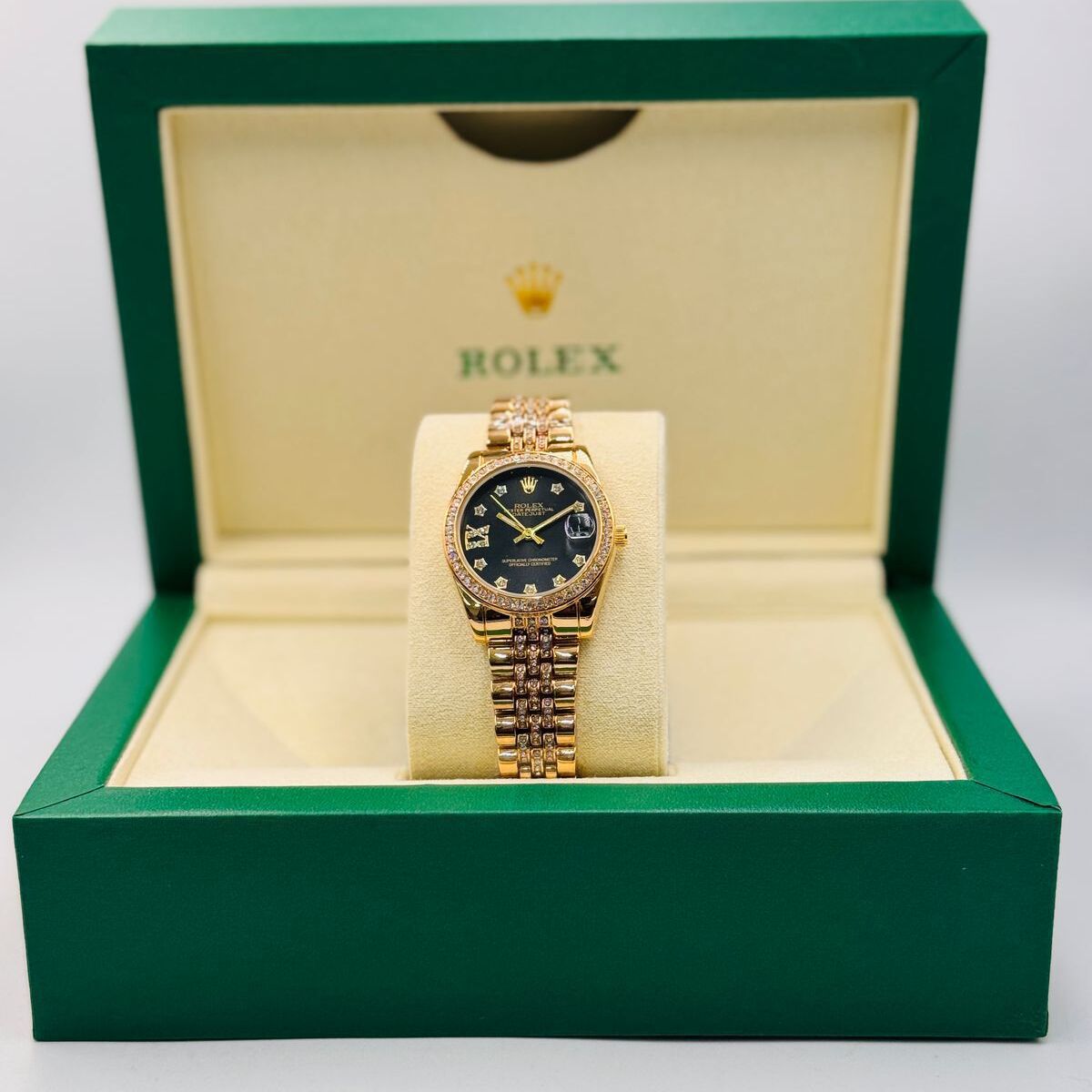 ساعة رولكس ديت نسائية فاخرة، شفافة بمينا سوداء كلاسيكية