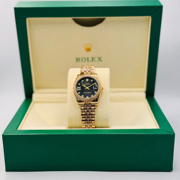 ساعة رولكس ديت نسائية فاخرة، شفافة بمينا سوداء كلاسيكية