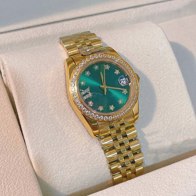 ساعة رولكس ديت جست نسائية فاخرة باللون الاخضر روز قولد بمينا زمردي مرصع